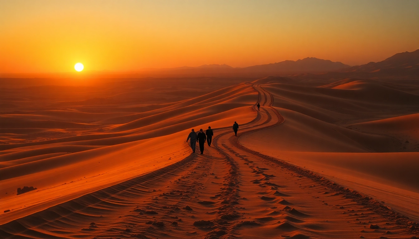 Travelers journeying on a winding road in an exodus through a vast desert landscape.