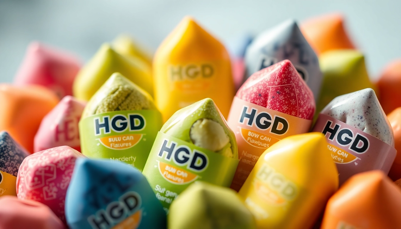 Explore diverse HQD Pods showcasing vibrant flavors and designs in a beautifully arranged display.