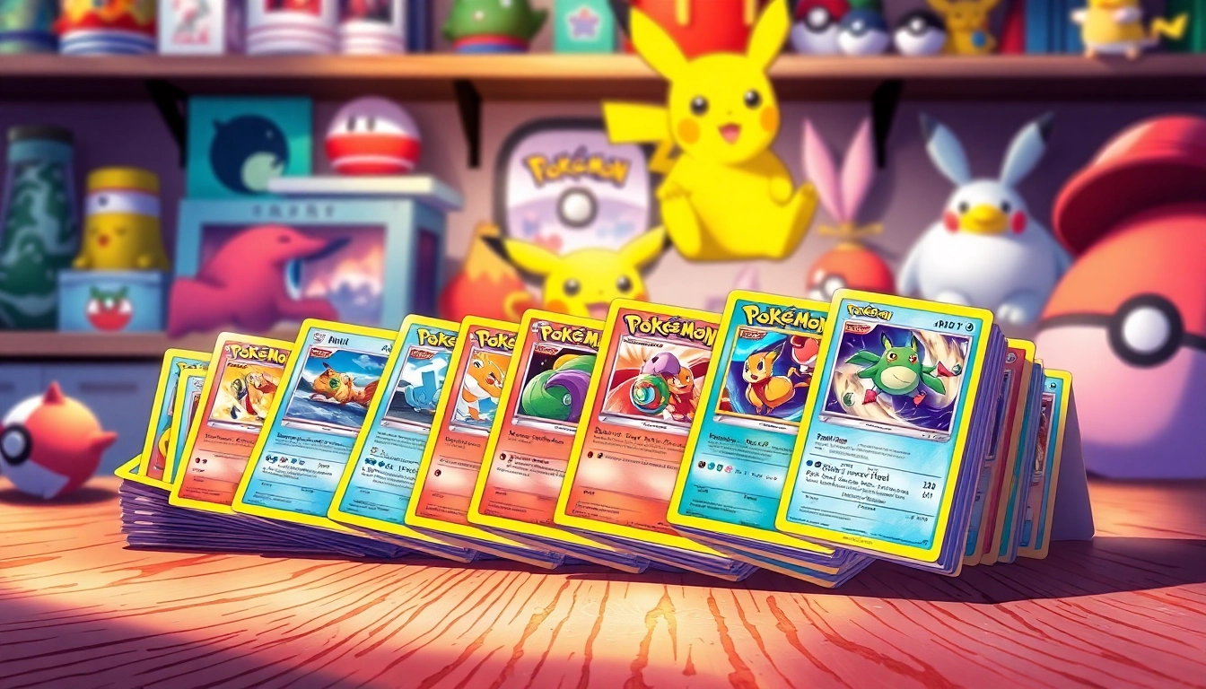 Explore real Pokemon cards arranged beautifully on a textured table, showcasing vibrant designs and playful elements.