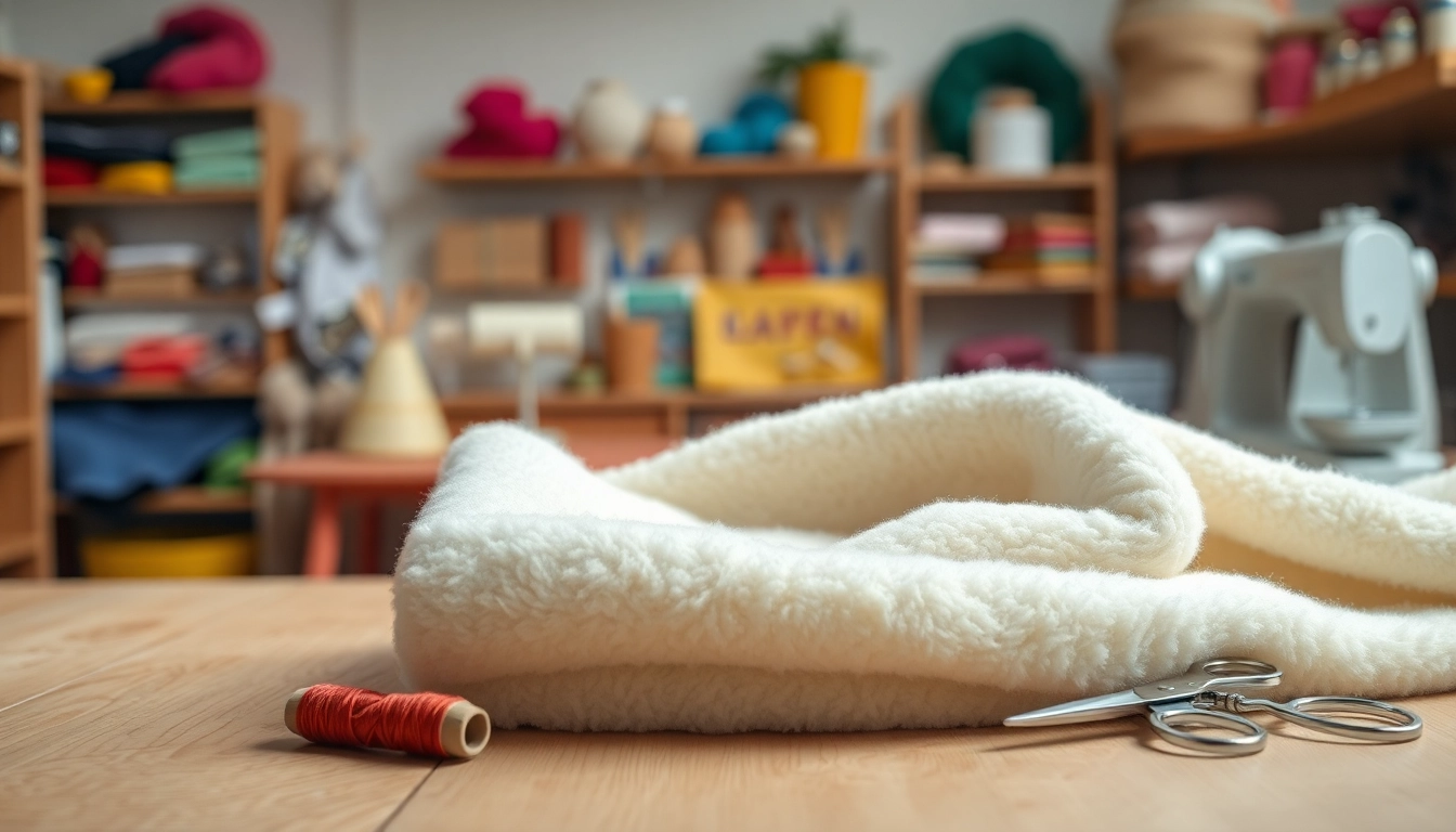 Fleece stof in een creatieve omgeving met kleurrijke naaispullen.