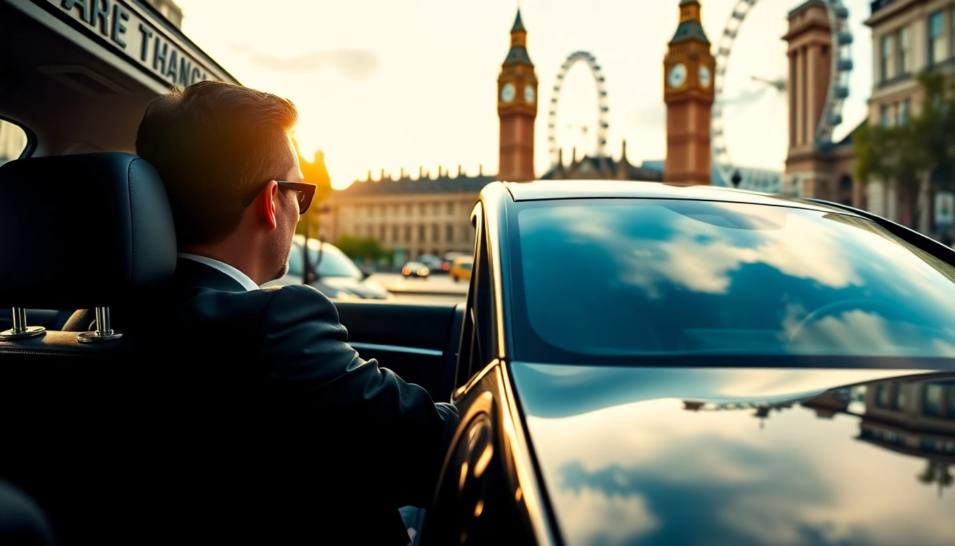 Experience seamless chauffeur hire london with a professional driver in a luxury car against London's iconic backdrop.