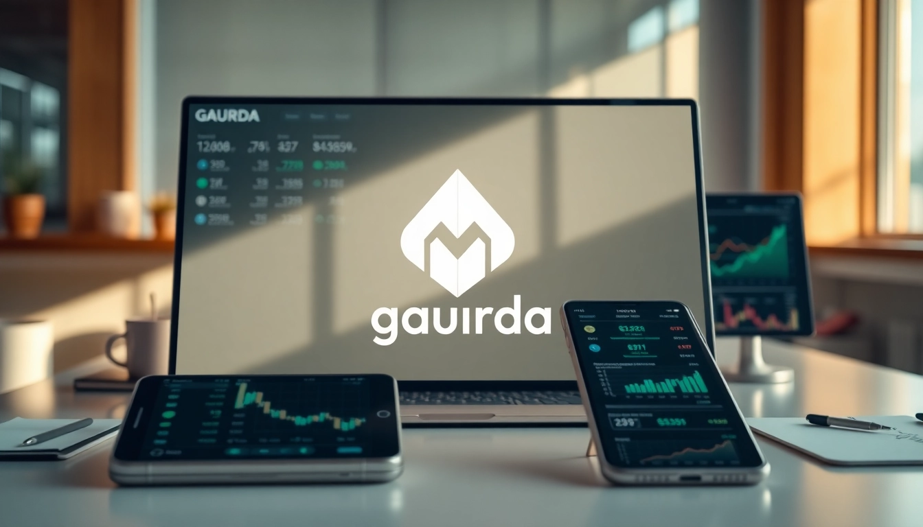 Visualize the gaurda wallet interface on multiple devices, showing secure crypto transactions in a modern setting.