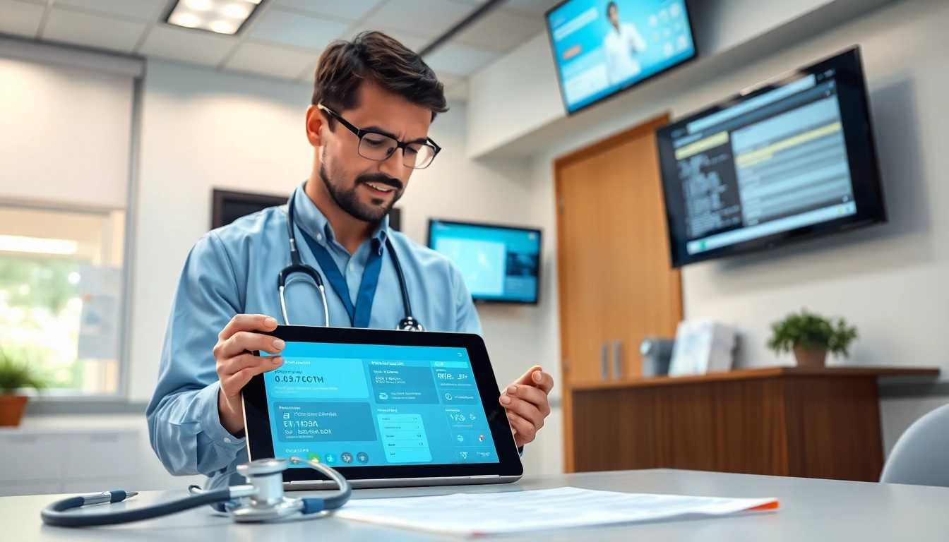 Illustration of benefits of electronic prescribing with healthcare provider using digital tools in a modern clinic.