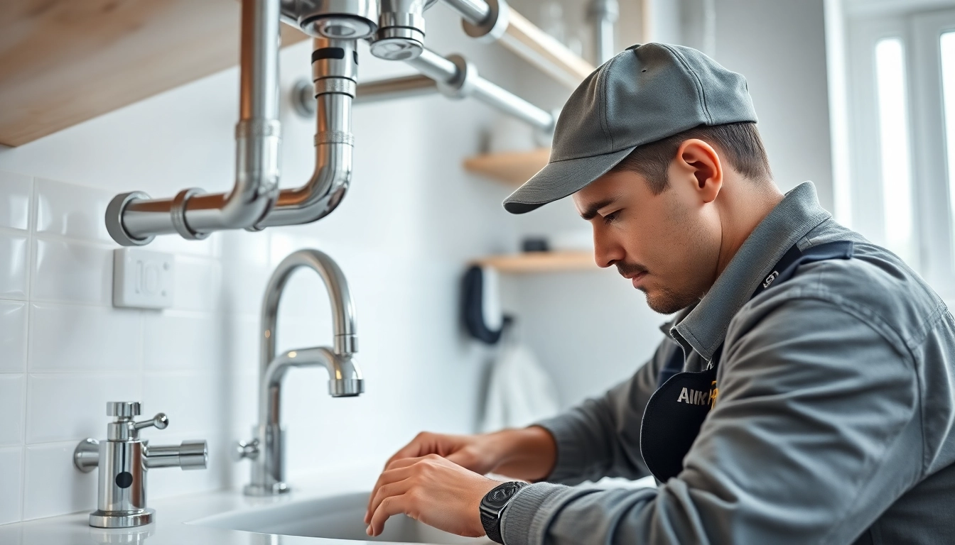 Plumbing maintenance by a skilled plumber in a modern kitchen with shiny fixtures.